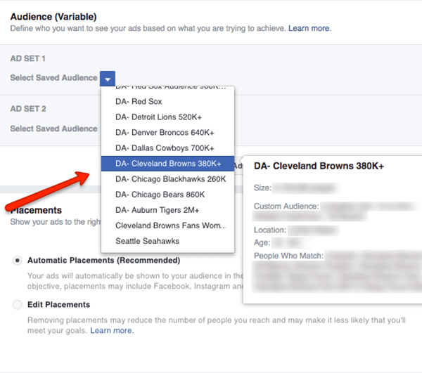 Facebook kitle bölme testiniz için kaydedilmiş iki hedef kitle seçin.