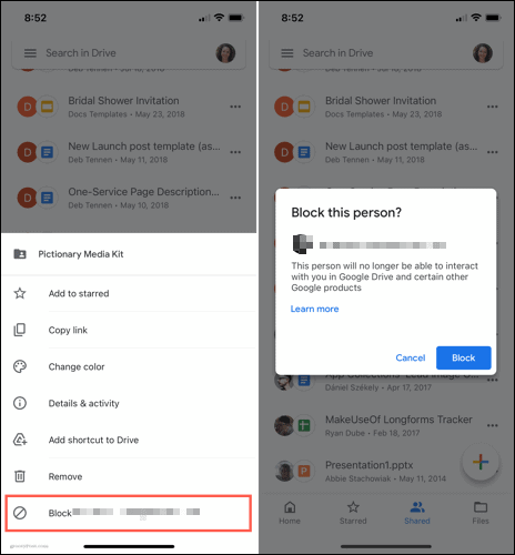 Bir kullanıcıyı mobil cihazlarda Google Drive'da engelle