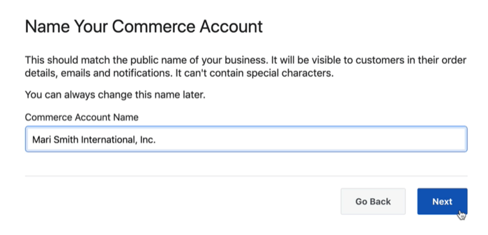 facebook ticaret hesabınızı adlandırmak için iletişim kutusu seçeneği