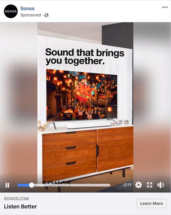 Sonos'un hazırladığı bir Facebook Video reklamı örneği.