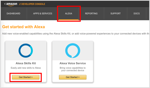 Alexa Skills Kit'in altındaki Başlayın düğmesini tıklayın.