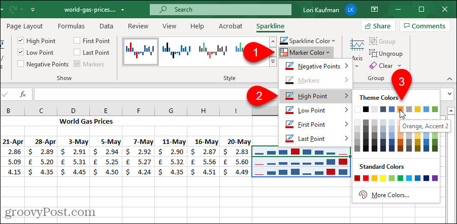 Excel Mini Grafikler grafiğindeki bir İşaretleyicinin rengini değiştirme