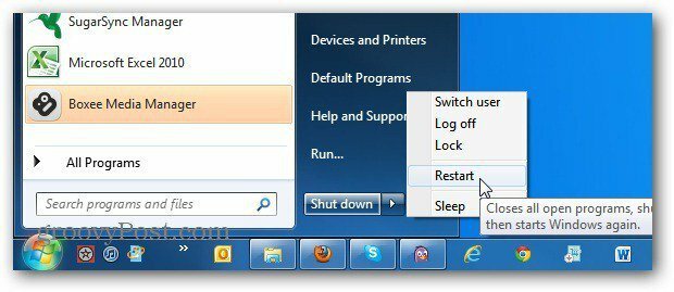 Windows 7 Başlat Menüsü Güç Düğmesini Her Zaman Yeniden Başlat olarak değiştirin