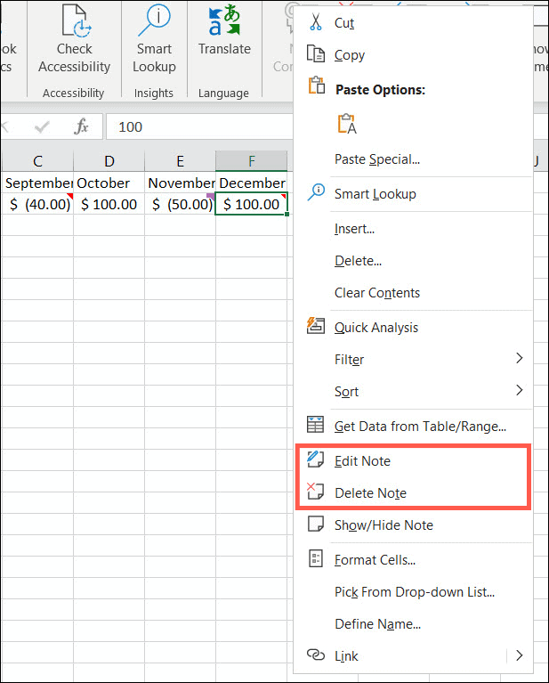 Excel'de Notları Düzenleme veya Silme