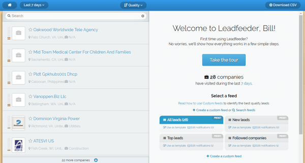 Leadfeeder ücretsiz bir deneme sunar ve kaydolduktan sonra bu ekranı göreceksiniz.