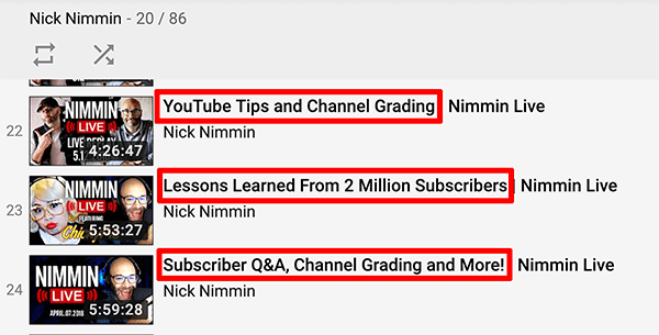 Bu, Nick Nimmin kanalından YouTube canlı video başlıklarının ekran görüntüsüdür.