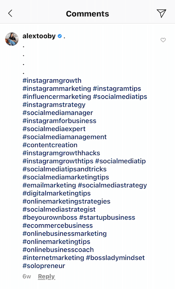 @alextooby tarafından 30 ilgili hashtagden oluşan bir instagram gönderisi yorumu örneği