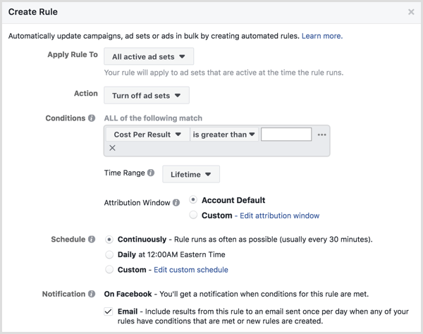 Facebook otomatik kuralları kurulum penceresi