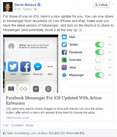 "İPhone veya iPad kullanan Facebook Messenger kullanıcıları, iOS uygulamasında yapılan bir güncellemenin ardından artık fotoğrafları veya bağlantıları doğrudan uygulamaya paylaşabilir."