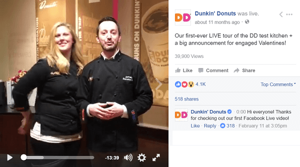 Dunkin Donuts, hayranlarını perde arkasına götürmek için Facebook Live videosunu kullanıyor.