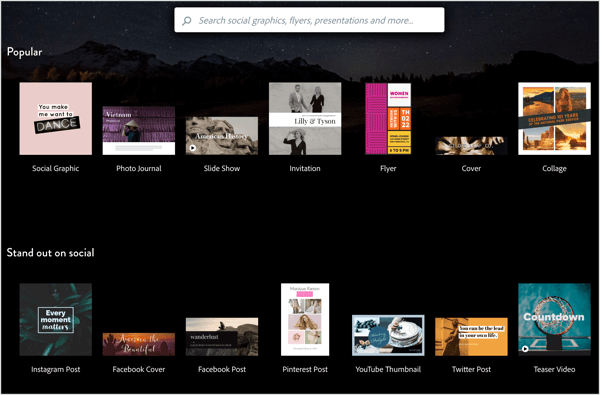 Adobe Spark, sosyal medya resimlerinizi özelleştirmek için çeşitli şablonlar sunar.