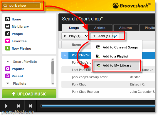 aranan şarkıları Grooveshark müzik kitaplığına ekle