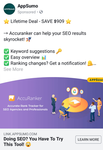 Sonuç sağlayan Facebook reklam teknikleri, örneğin AppSumo'nun bir anlaşma teklif etmesi