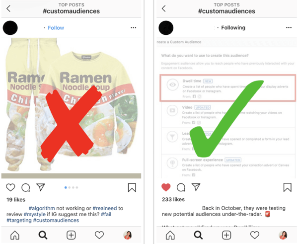 Takip ederek Instagram'ınızı stratejik olarak nasıl büyütebilirsiniz, adım 12, ilgili örnek gönderiler bulun, iyi ve kötü gönderi örnekleri