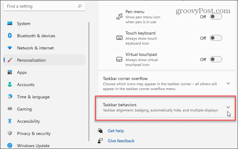 Windows 11'de Görev Çubuğu davranışları menüsüne erişme.
