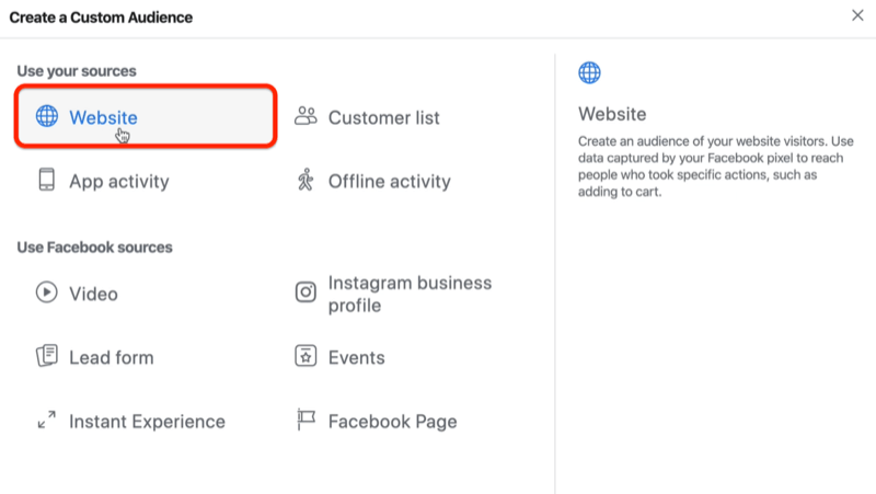 Facebook özel hedef kitlesi için kaynak olarak seçilen Web sitesi seçeneğinin ekran görüntüsü