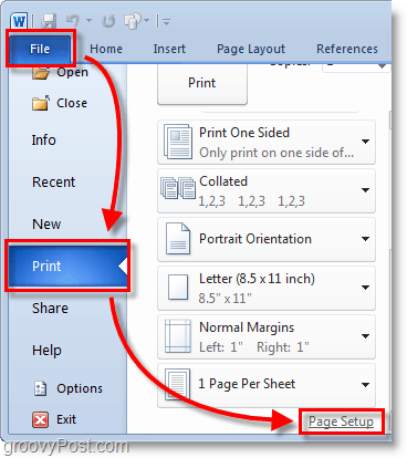 Micosoft Word 2010 Ekran Görüntüsü arka plandan dosyayı seçin> menü seçin ve ardından 2010 kelimesinde sayfa ayarını tıklayın