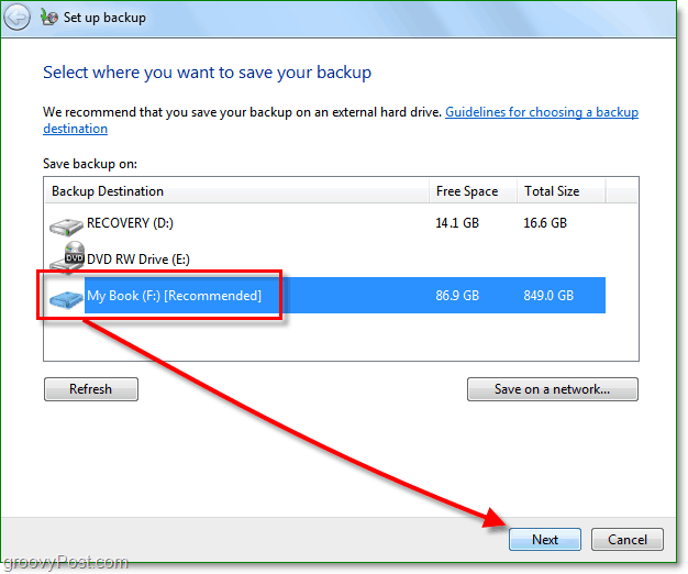 Windows 7 Yedekleme - bir yedekleme konumu seçin