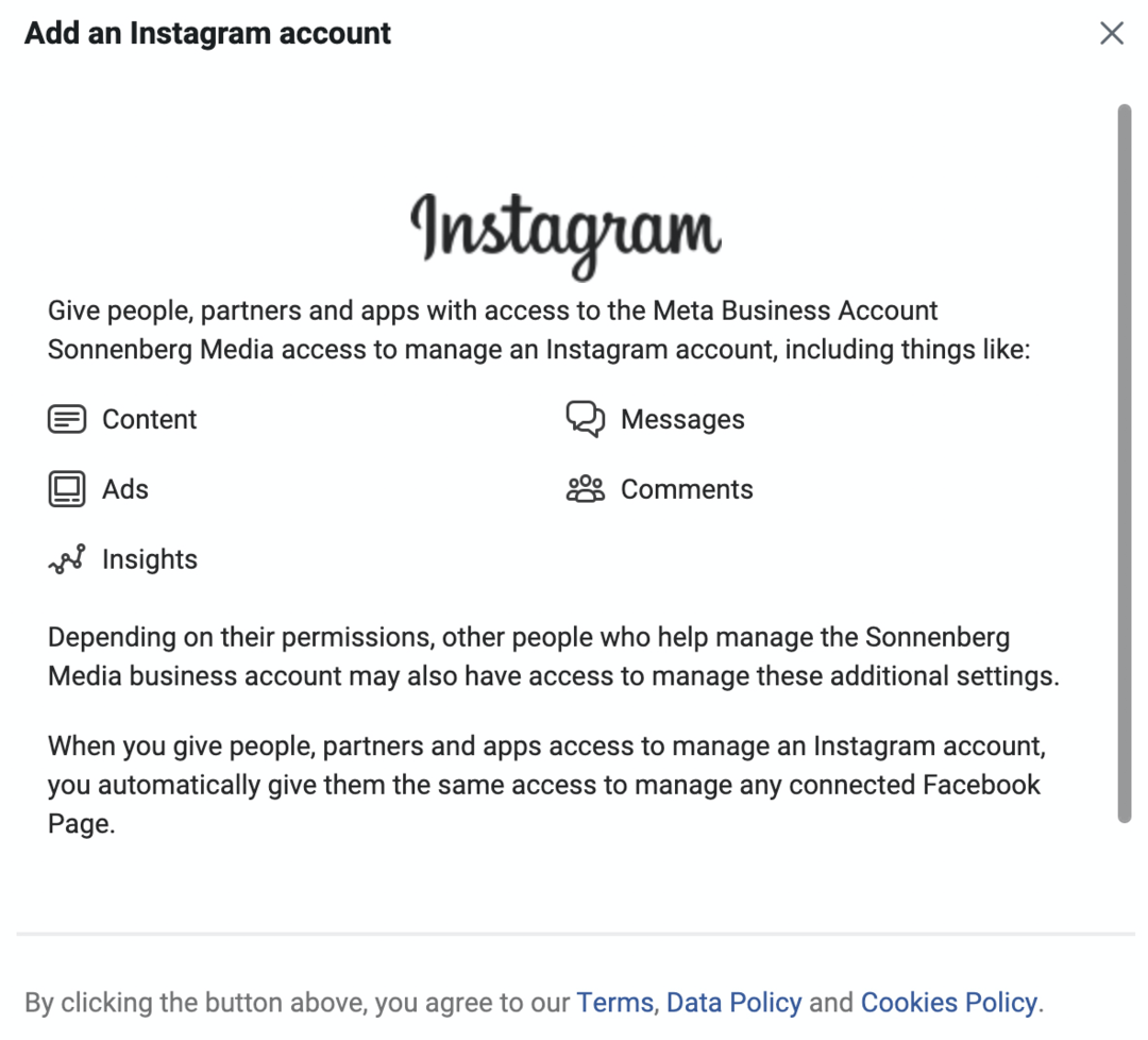 Meta Business Manager'da Instagram Hesabı Ekle ekranının görüntüsü