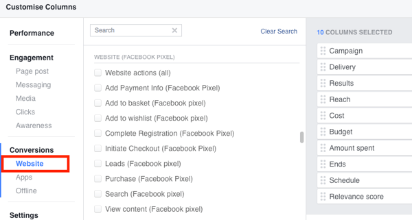Facebook Reklam Yöneticisi raporlarınıza standart etkinlik eylemleri ekleyin.