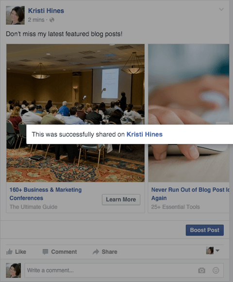 Facebook atlıkarınca reklamı, sayfa gönderisi onay mesajı olarak paylaşılır