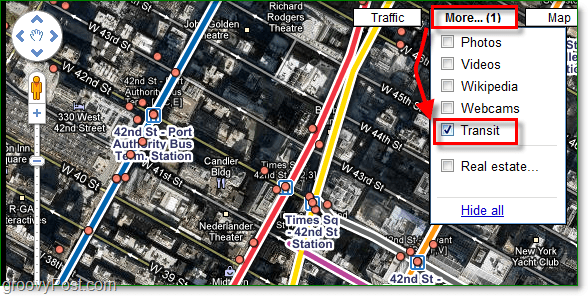 daha fazla menüyü tıklayın ve google haritalarda transit onay işaretini etkinleştirin