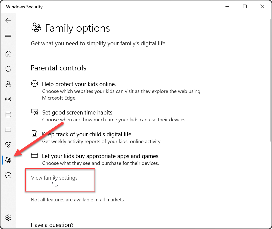 Windows Güvenlik Ailesi seçenekleri