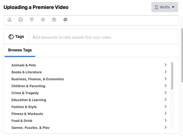 Facebook Premiere nasıl kurulur, 4. adım, video etiketleri