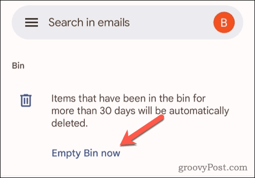 Mobil cihazda Gmail'deki çöp kutusunu boşalt seçeneği