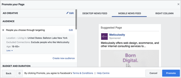 Facebook, konum sayfanıza göre kitle ayarlarını otomatik olarak dolduracaktır. 