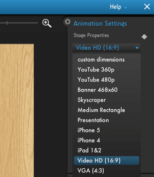 Video platformu optimizasyon seçeneklerini görmek için Moovly Animasyon Ayarları menüsünü tıklayın.