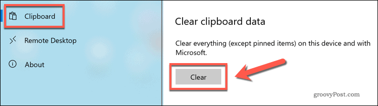 Windows Ayarlarında Windows 10 pano geçmişini temizleme