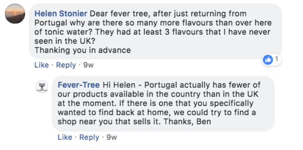Bir müşterinin Facebook gönderisindeki sorusuna yanıt veren Ateş Ağacı örneği.
