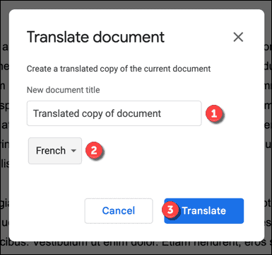 Google Dokümanlar'daki çeviri seçenekleri