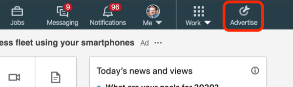LinkedIn'deki Reklam Ver düğmesinin ekran görüntüsü
