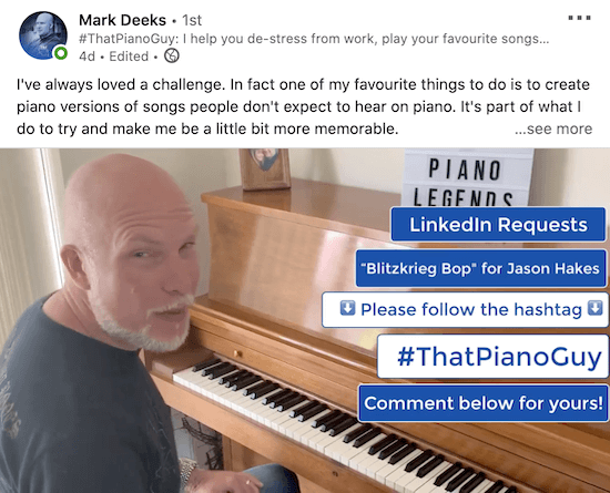 Mark deeks'in 'linkedin isteği' gibi harekete geçirici mesaj metin katmanlarını gösteren bir linkedin videosu örneği, 'lütfen hashtag'i takip edin' ve 'aşağıdaki yorum!' diğerleri arasında