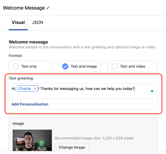 Facebook Messenger reklamlarıyla sıcak potansiyel müşteriler nasıl hedeflenir, adım 12, messenger hedefi özel şablon kişiselleştirme örneği
