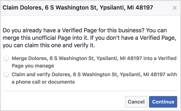 Resmi olmayan bir yer sayfasını yönettiğiniz doğrulanmış bir Facebook sayfasıyla birleştirme seçeneğini seçin.