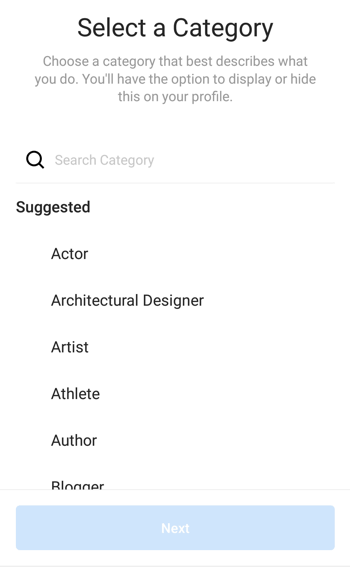 Instagram Oluşturucu Profil Kategorisi seçimi, 1. Adım.
