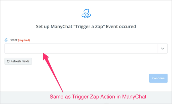 ManyChat akışında oluşturduğunuz Trigger Zap eylemini seçin.