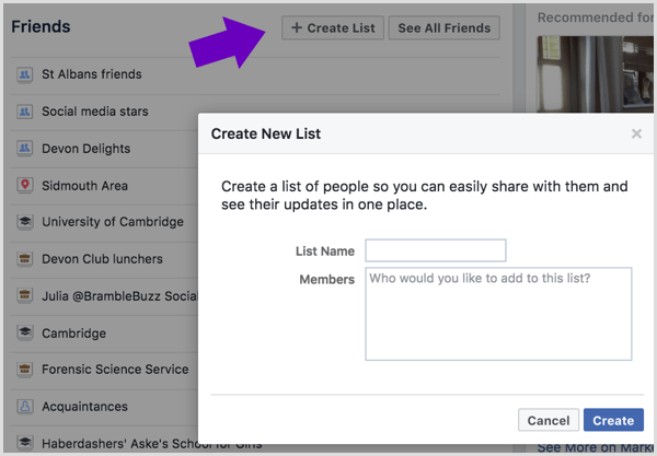 Facebook arkadaş listeniz için bir isim girin ve hangi arkadaşların ekleneceğini seçin.