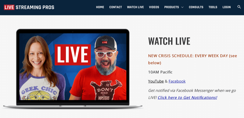 Live Streaming Pros web sitesinde yayın programı