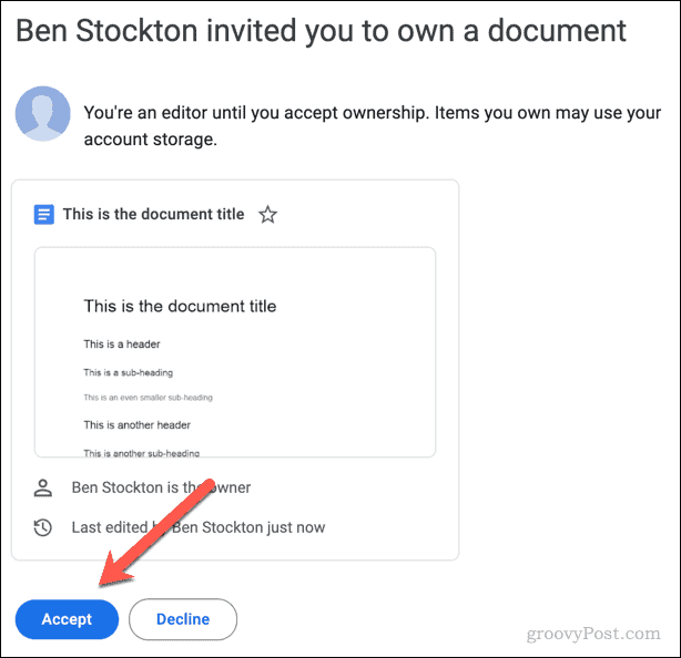 Bir Google Dokümanlar dosyasının sahipliğini kabul etmek veya reddetmek için e-posta davetiyesi