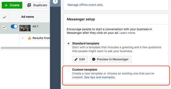 Facebook Messenger reklamları ile sıcak potansiyel müşteriler nasıl hedeflenir, adım 10, messenger hedef özel şablon seçeneği