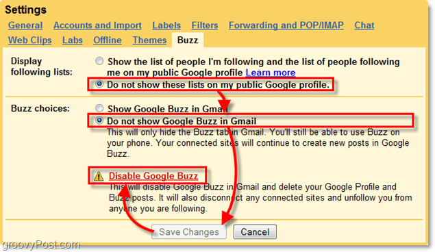 gmail ayarlarında google buzz sekmesini tıklayın