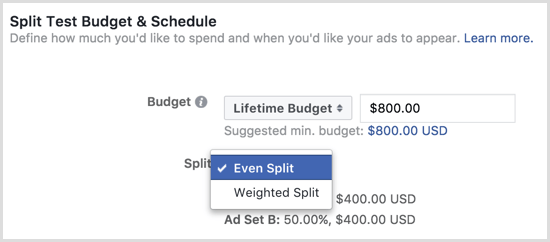Facebook reklamı bölme testi bütçesi