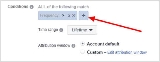 Facebook otomatik kuralı için ikinci koşul oluşturmak için + düğmesini tıklayın