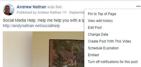 Yerleştirme kodunu bir Facebook Live video gönderisine almak için üç nokta menüsünü tıklayın ve Yerleştir'i seçin.