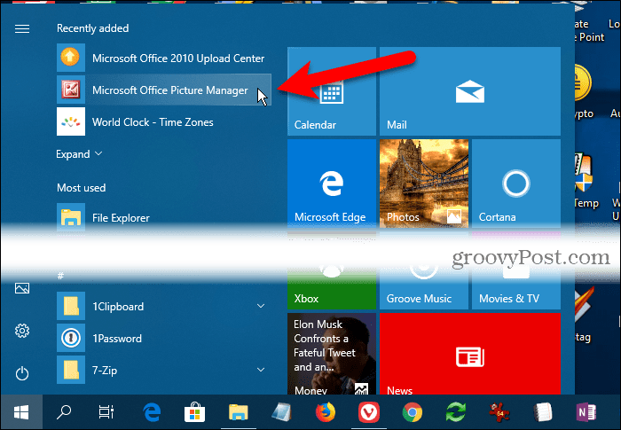 Windows 10 Başlat menüsünde Son eklenenler altındaki Microsoft Office Picture Manager