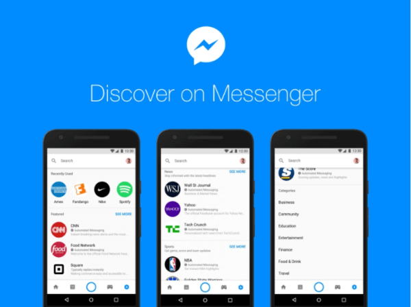 Facebook'un Messenger platformundaki yeni Discover merkezi, insanların Messenger'da botlara ve işletmelere göz atmasını ve bulmasını sağlar.